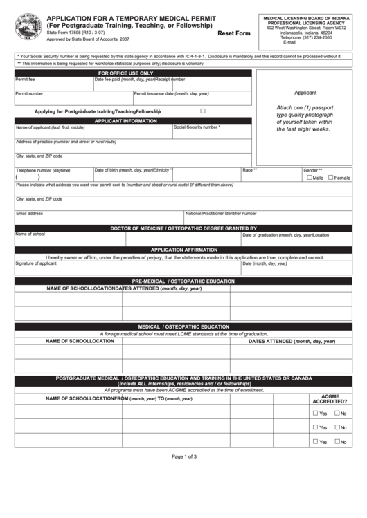 Fillable Form 17598 - Application For A Templorary Medical Permit Printable pdf