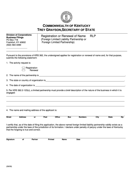 Fillable Form Rlp - Registration Or Renewal Of Name (Foreign Limited Liability Partnership Or Foreign Limited Partnership) Printable pdf