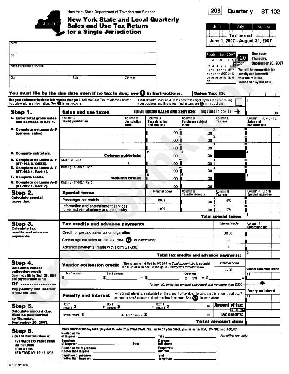 Form St-102-Mn - New York State And Local Quarterly Sales And Use Tax Return For A Single Jurisdiction
