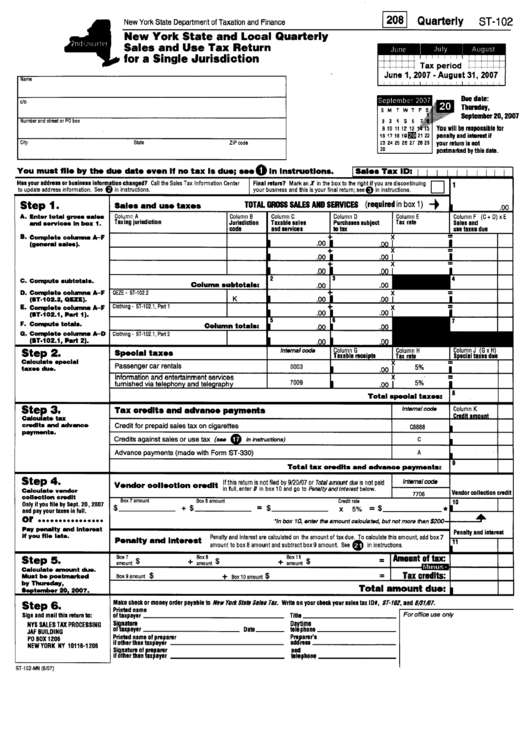 Form St-102-Mn - New York State And Local Quarterly Sales And Use Tax Return For A Single Jurisdiction Printable pdf