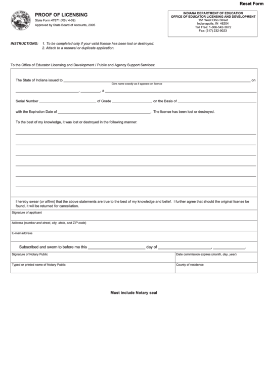 Fillable Form 47871 - Proof Of Licensing Printable pdf