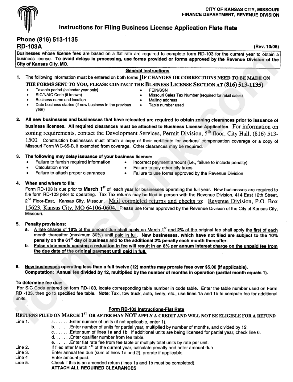 Form Rd-103a Instructions - Business License Application Flate Rate