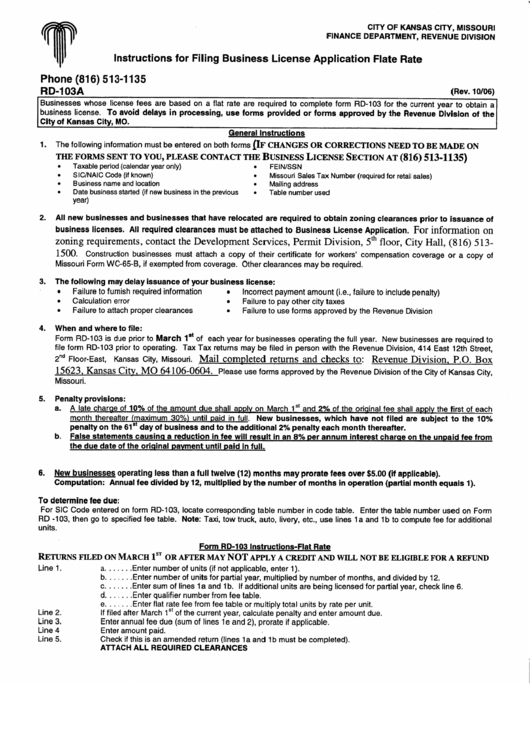 Form Rd-103a Instructions - Business License Application Flate Rate Printable pdf