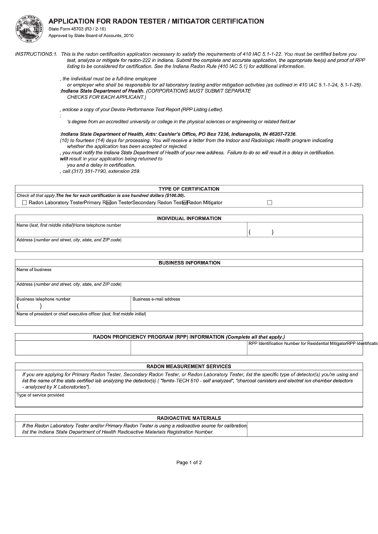 Form 45703 - Application For Radon Tester / Mitigator Certification Printable pdf