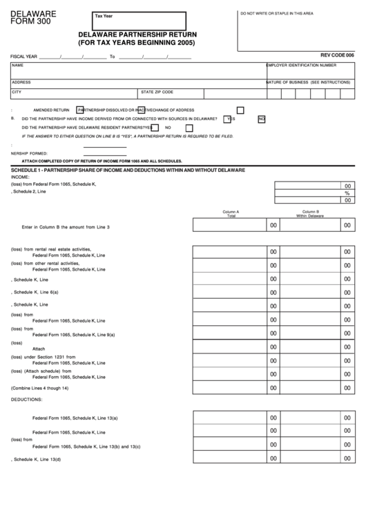 Delaware Form 300 - Delaware Partnership Return - 2005 Printable pdf