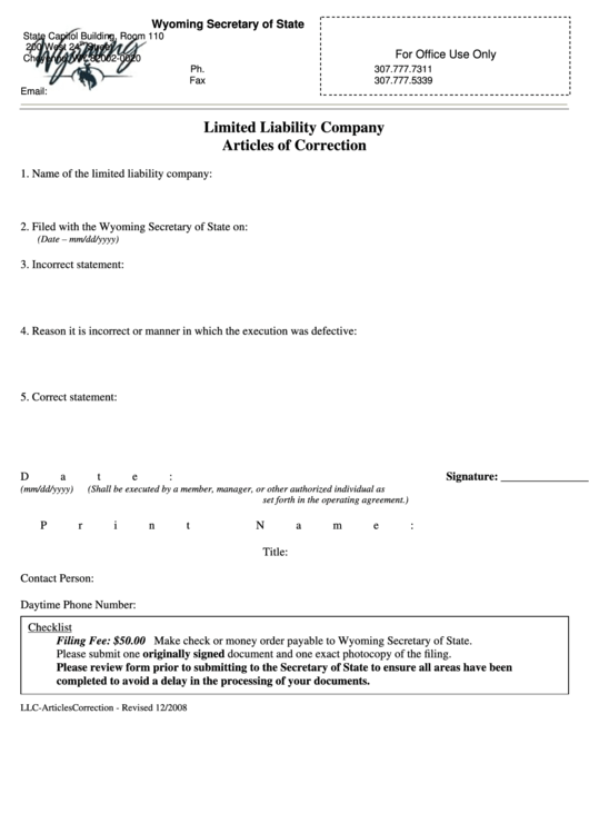 Fillable Limited Liability Company - Form For Articles Of Correction Printable pdf