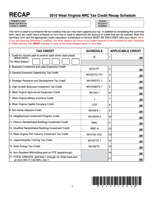 Form It-140nrc - Nrc Tax Credit Recap Printable pdf