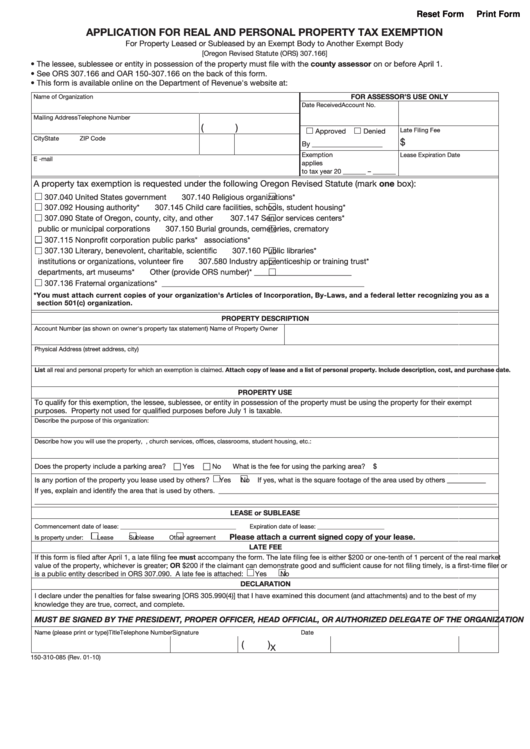 Fillable Form 150-310-085 - Application For Real And Personal Property Tax Exemption Printable pdf