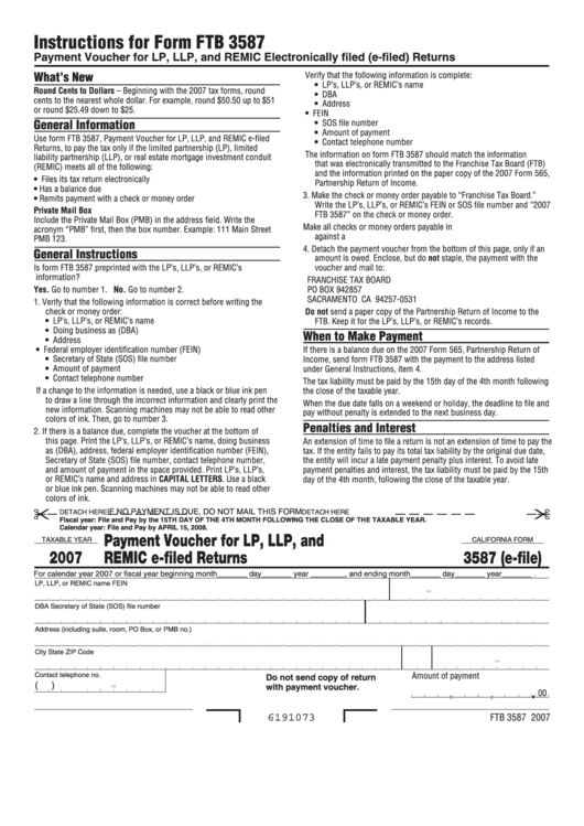 California Form 3587 - Payment Voucher For Lp, Llp, And Remic E-Filed Returns - 2007 Printable pdf