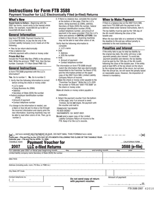 California Form 3588 - Payment Voucher For Llc E-Filed Returns - 2007 Printable pdf