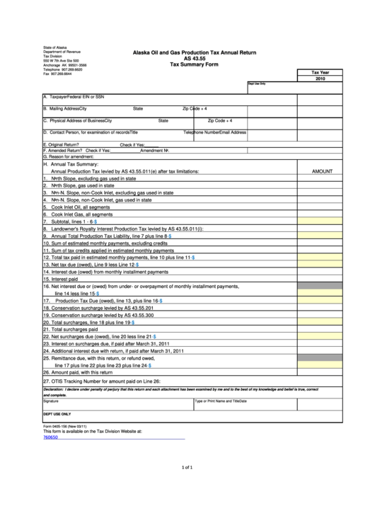 Form 0405-156 - Alaska Oil And Gas Production Tax Annual Return - Tax Summary Form - 2010 Printable pdf