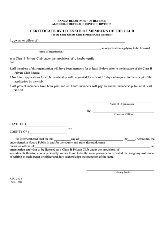 Form Abc-280-9 - Certificate By Licensee Of Members Of The Club Printable pdf
