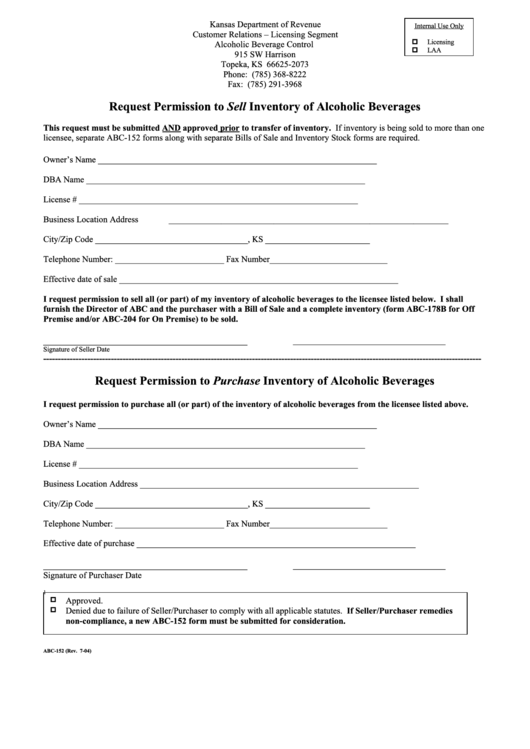 Form Abc-152 - Request Permission To Sell Inventory Of Alcoholic Beverages Printable pdf