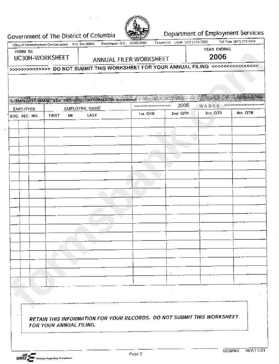 Annual Filer Worksheet - 2006 - Department Of Employment Services