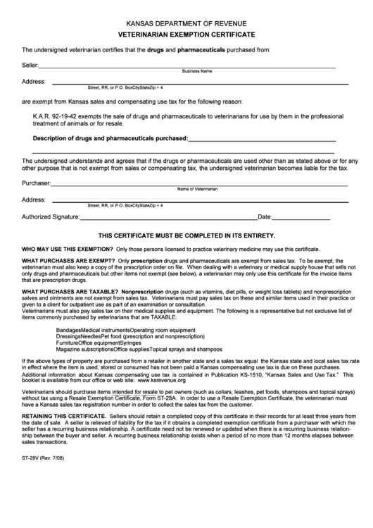 Fillable Form St-28v - Veterinarian Exemption Certificate Printable pdf