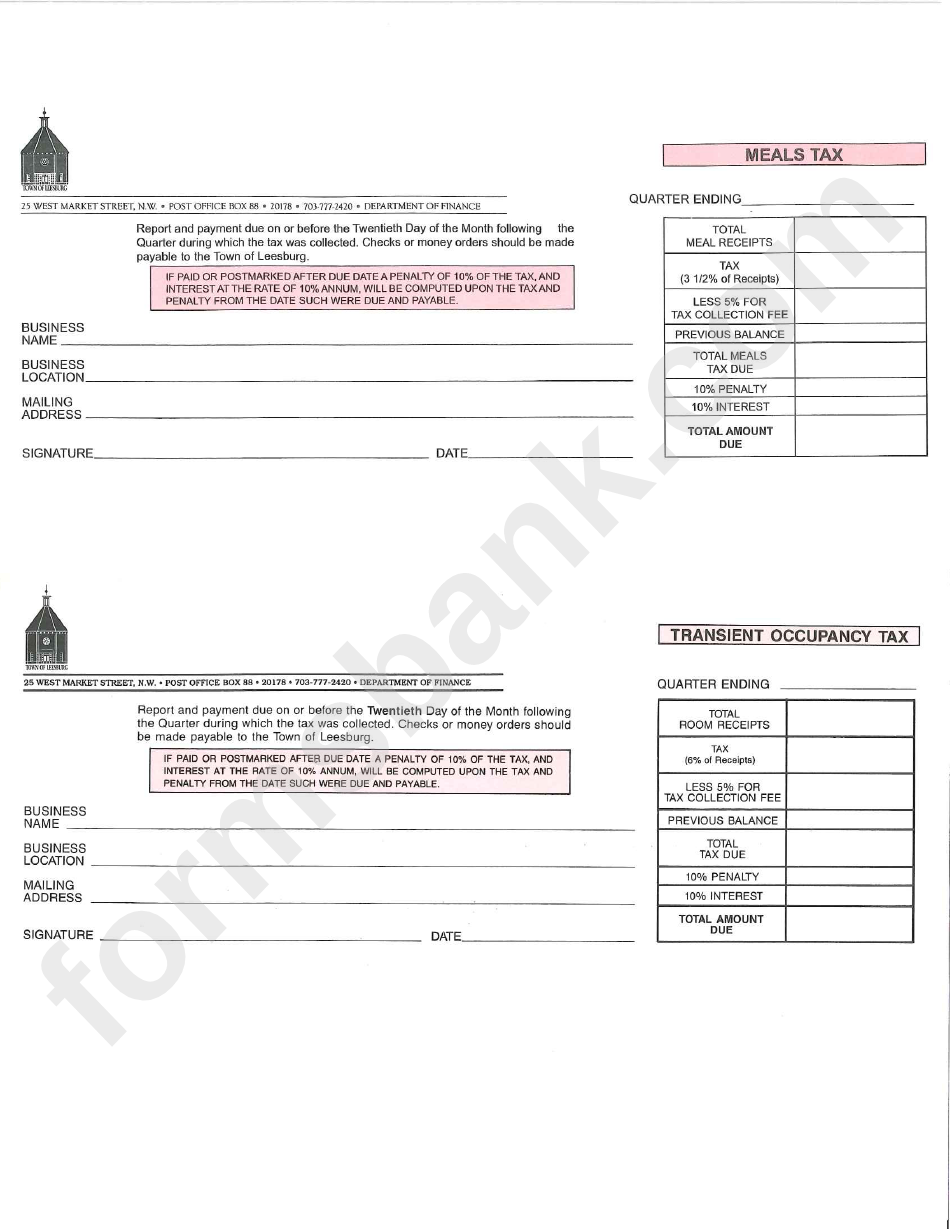 Meals Tax / Transient Occupancy Tax Form - Town Of Leesburg