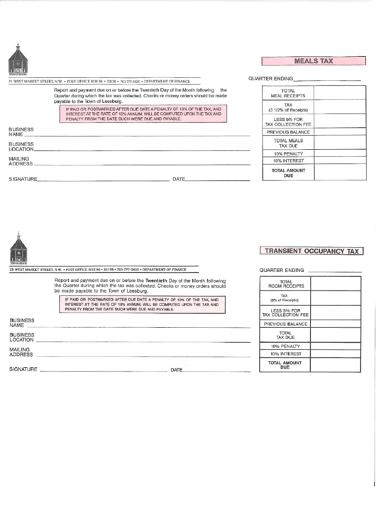 Meals Tax / Transient Occupancy Tax Form - Town Of Leesburg Printable pdf