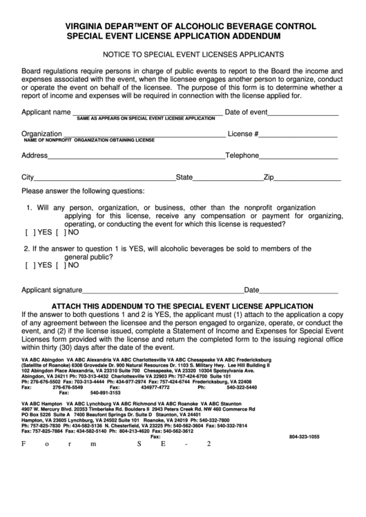 Form Se-2 - Special Event License Application Addendum Printable pdf