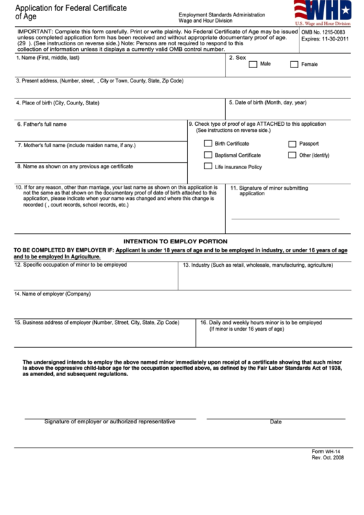 Fillable Form Wh-14 - Application For Federal Certificate Of Age Printable pdf