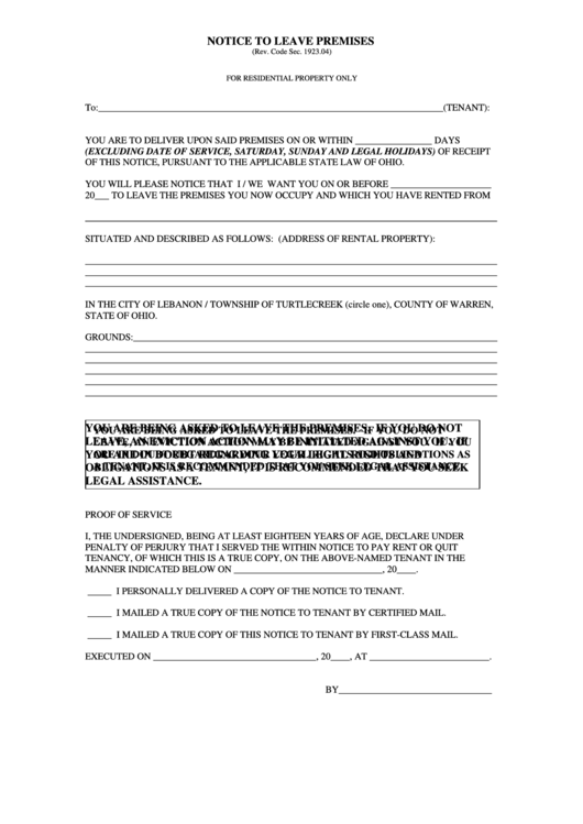 Notice To Leave Premises Form Printable pdf