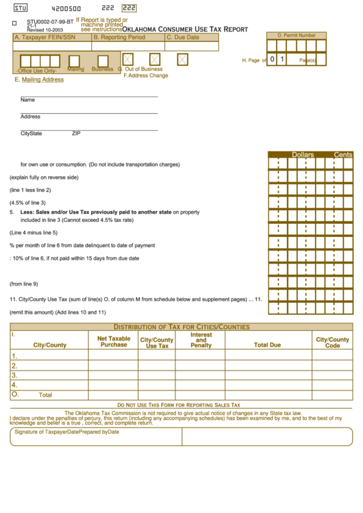 Fillable Form 21-1 - Oklahoma Consumer Use Tax Report - 2003 Printable pdf