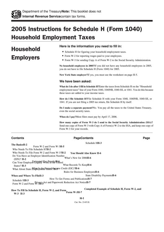 Instructions For Schedule H (Form 1040) Household Employment Taxes - 2005 Printable pdf
