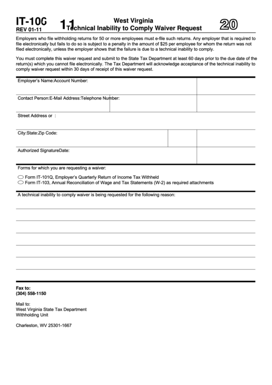 Form It-106 - Technical Inability To Comply Waiver Request 2011 Printable pdf