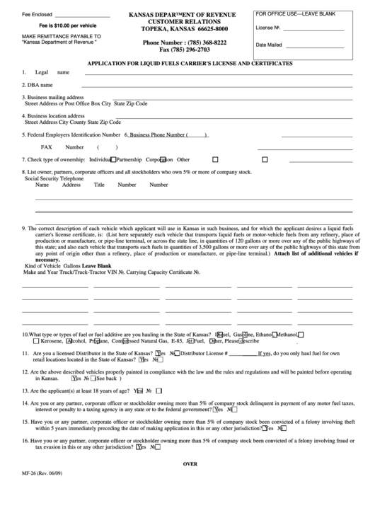 Form Mf-26 - Application For Liquid Fuels Carrier