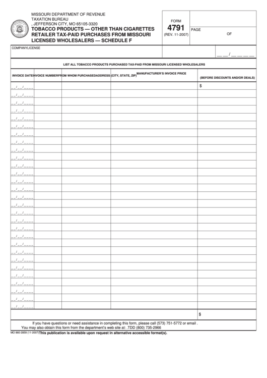 Fillable Form 4791 - Tobacco Products - Other Than Cigarettes Retailer Tax-Paid Purchases From Missouri Licensed Wholesalers - Schedule F Printable pdf