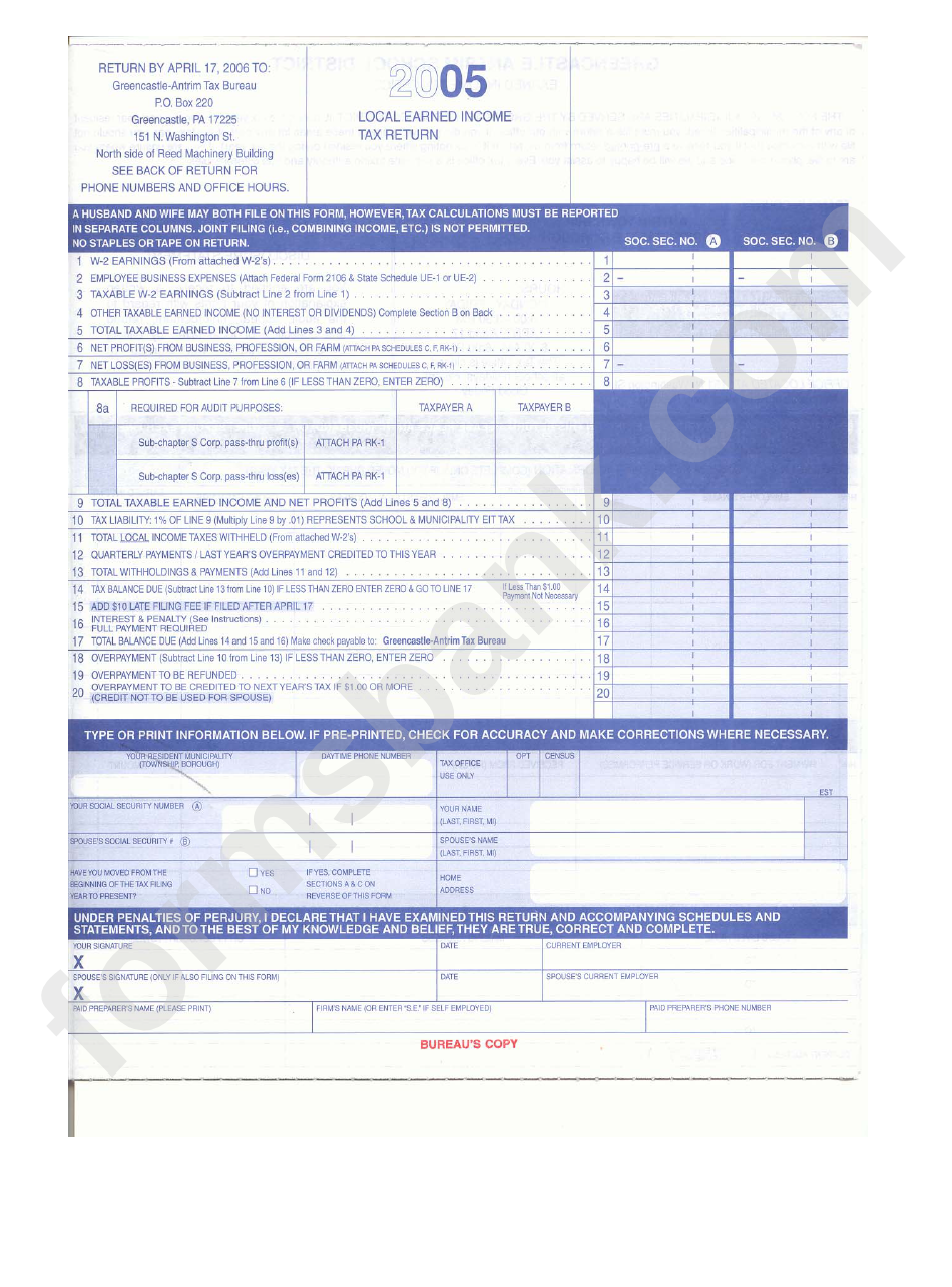 2005 Local Earned Income Tax Return Form
