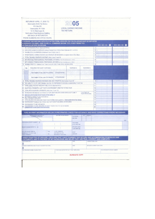 2005 Local Earned Income Tax Return Form Printable pdf