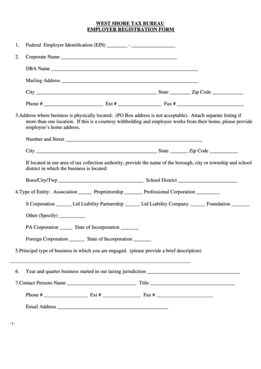 Employer Registration Form - West Shore Tax Bureau Printable pdf