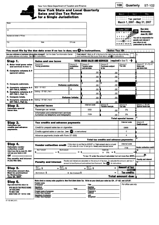 Form St-102 - New York State And Local Quarterly Sales And Use Tax Return For A Single Jurisdiction Printable pdf