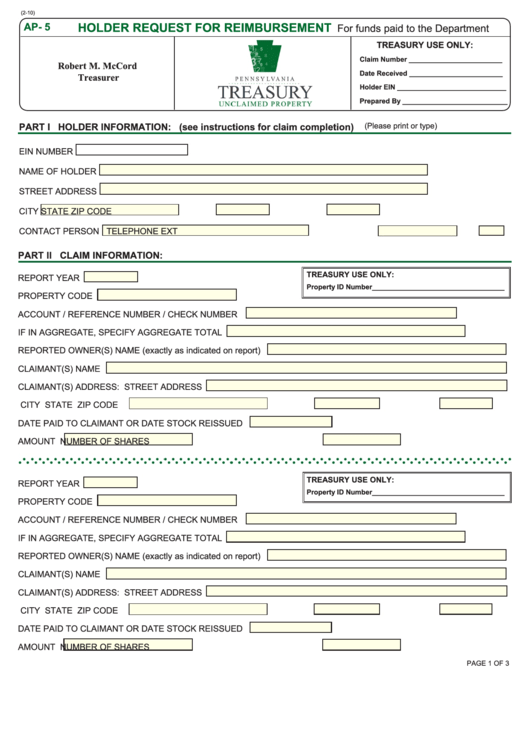 Fillable Form Ap-5 - Holder Request For Reimbursement Printable pdf