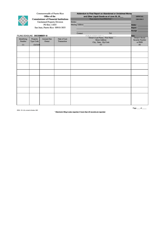 Form Ipnr - If (A) - Addendum To Final Report On Abandoned Or Unclaimed Money And Other Liquid Goods - 2003 Printable pdf