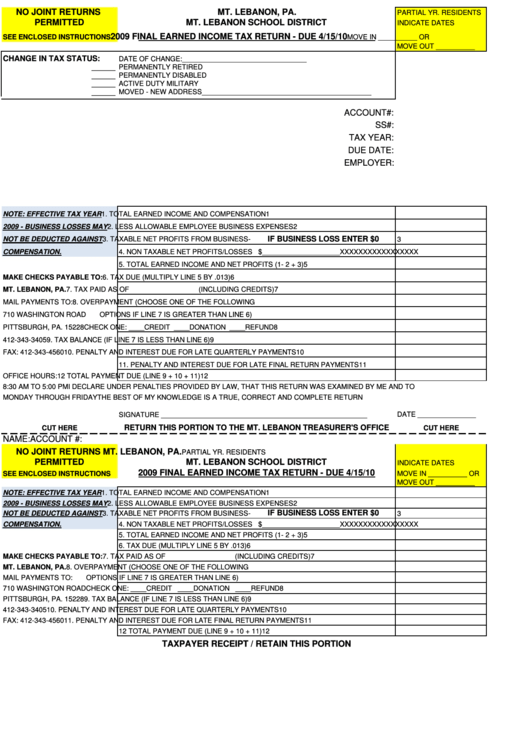 2009 Final Earned Income Tax Return - Mt. Lebanon School District Printable pdf