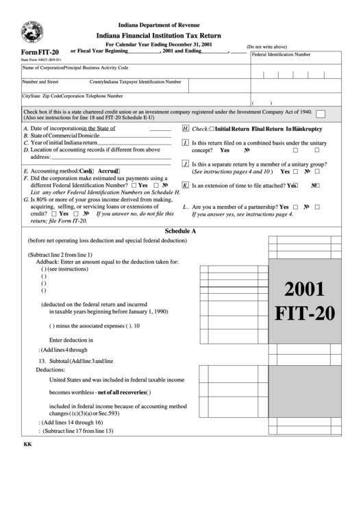 Form Fit-20 - Indiana Financial Institution Tax Return - 2001 Printable pdf