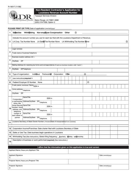 Fillable Form R-16017 - Non-Resident Contractor