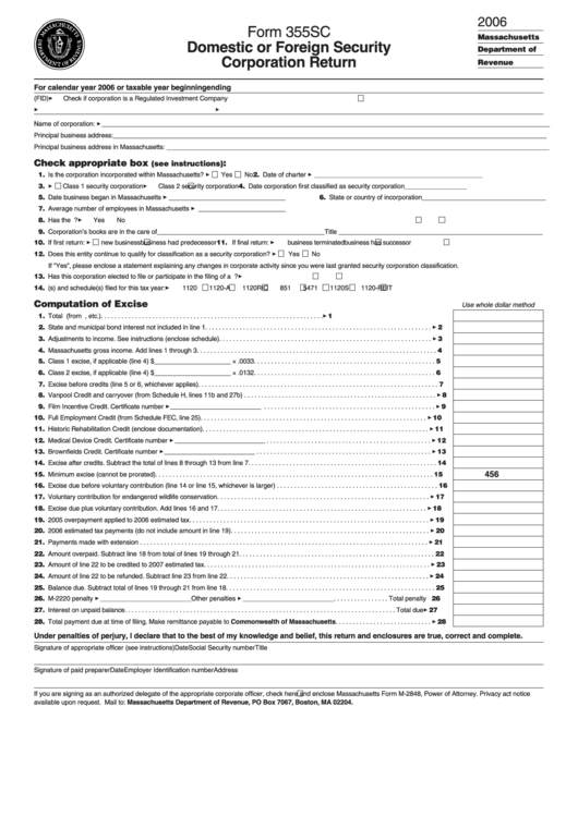 Form 355sc - Corporation Return - Domestic Or Foreign Security - 2006 Printable pdf