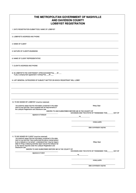 Lobbyist Registration Form - The Metropolitan Government Of Nashville And Davidson County Printable pdf