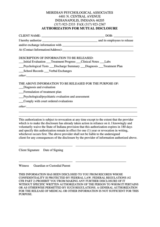 Authorization For Mutual Disclosure Form Printable pdf