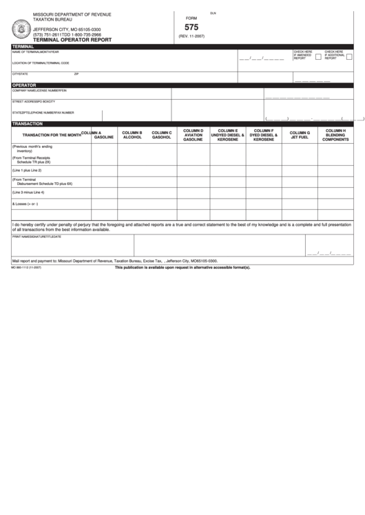 Fillable Form 575 - Terminal Operator Report - Mo Department Of Revenue - 2007 Printable pdf