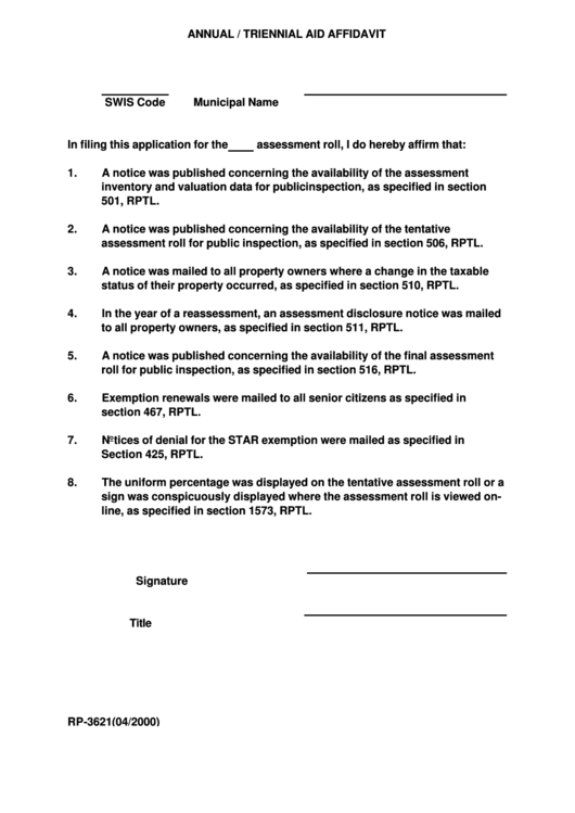 Annual/triennial Aid Affidavit Form Printable pdf