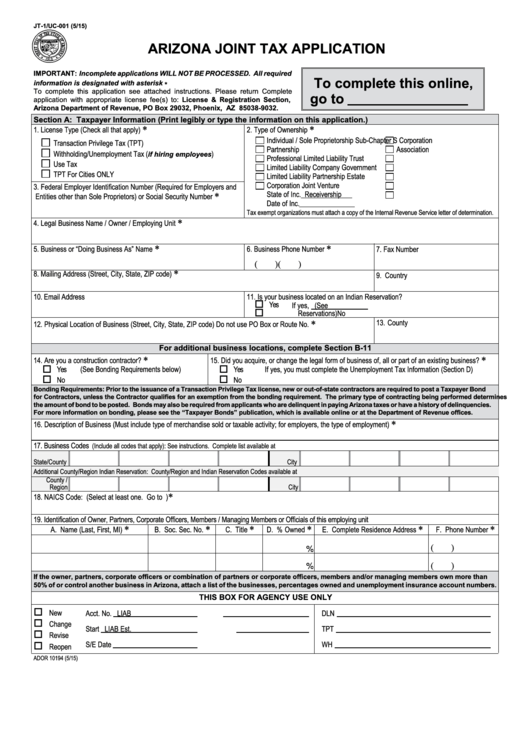 Fillable Form Jt-1/uc-001 - Arizona Joint Tax Application - 2015 Printable pdf