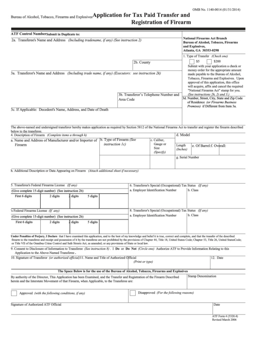 Fillable Atf Form 4 - Application For Tax Paid Transfer And Registration Of Firearm - 2006 Printable pdf