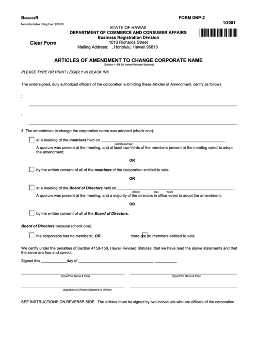 Fillable Form Dnp-2 - Articles Of Amendment To Change Corporate Name - 2001 Printable pdf