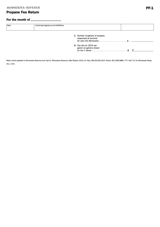 Fillable Form Pf-1 - Propane Fee Return - Minnesota Department Of Revenue Printable pdf