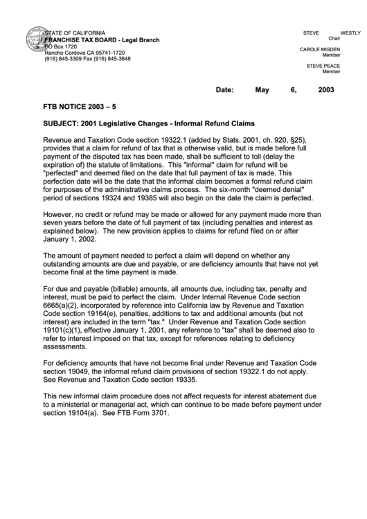 Ftb Notice 2003 - 5 2001 Legislative Changes - Informal Refund Claims Form - California Franchise Tax Board Printable pdf