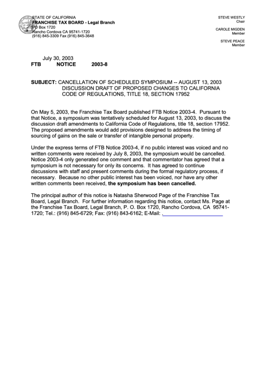 Ftb Notice 2003-8 - Cancellation Of Scheduled Symposium Form - California Franchise Tax Board Printable pdf