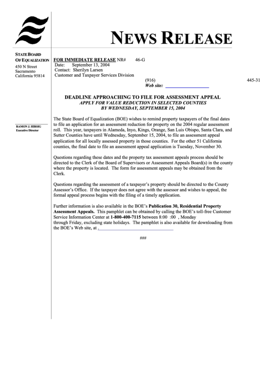 News Release Form California - State Board Of Equalization Printable pdf